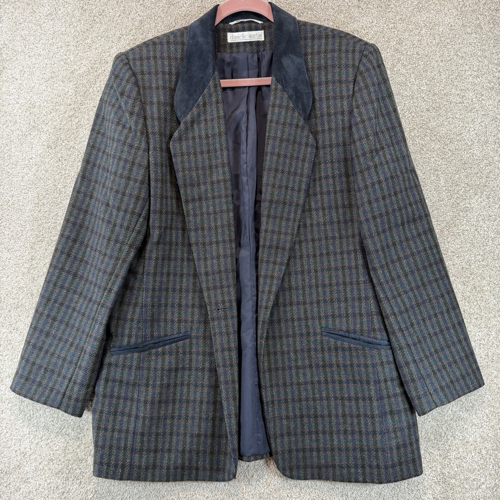 Vtg Danielle Martin Wool Plaid Blazer Suede Collar Jacket Dark Academia 14 Green
